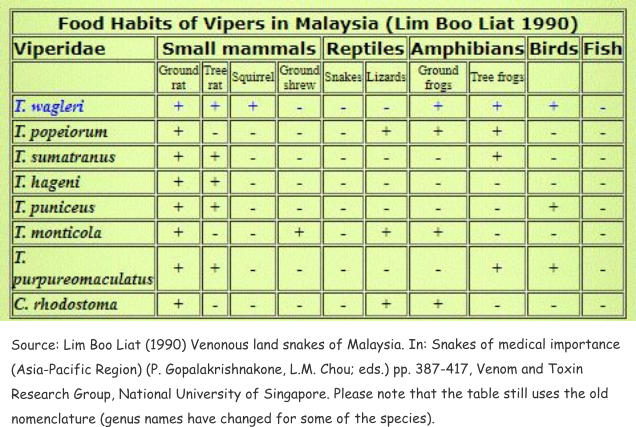 Source: Lim Boo Liat (1990) Venonous land snakes of Malaysia. In: Snakes of medical importance (Asia-Pacific Region) (P. Gopalakrishnakone, L.M. Chou; eds.) pp. 387-417, Venom and Toxin Research Group, National University of Singapore. Please note that the table still uses the old nomenclature (genus names have changed for some of the species).